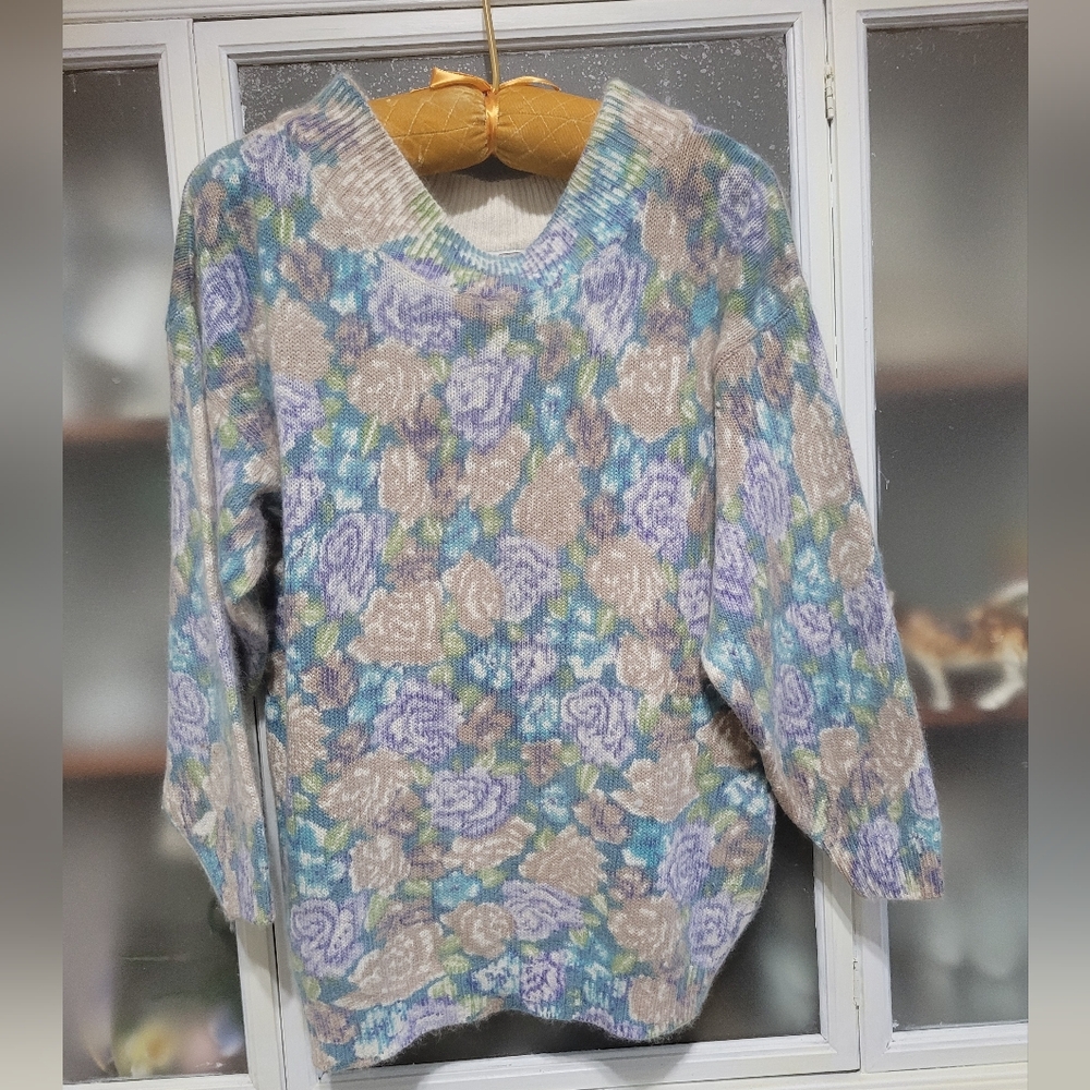Vintage 80's Rare Extra Energy De Rotchild Floral Silk Angora Sweater M